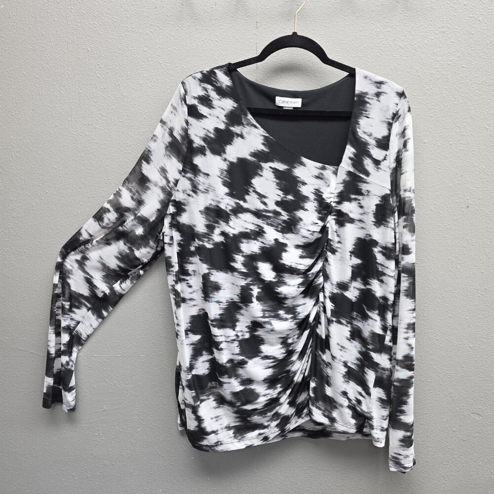Calvin Klein Shirt Womens 2X Black White Ruched Front Abstract Print Top Stretch